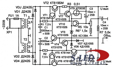 Схема блока питания с регулировкой 5-25В