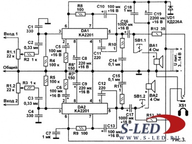 Схема четырех маломощных стереоусилителей