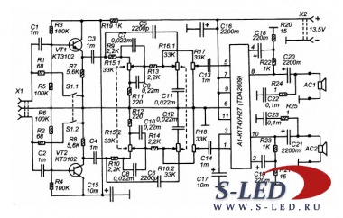 Схема стереоусилителя акустических систем