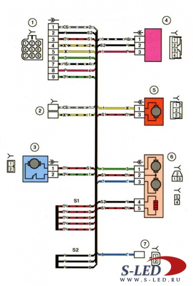 Схема электрических соединений жгута проводов дополнительного заднего правого автомобиля Лада Приора