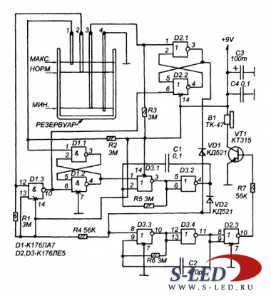 Схема трехуровнего индикатора уровня жидкости