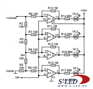 Индикатор уровня напряжения аккумулятора на светодиодах и ОУ LM339